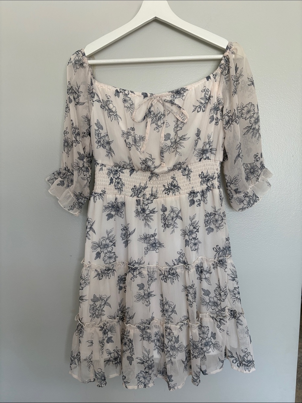 Blush Cream Floral Off-Shoulder Tiered Mini Dress - Navy Print